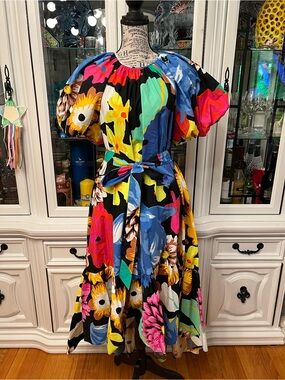 Vibrant Multicolor Floral Hi-Low Dress with Puff Sleeves L